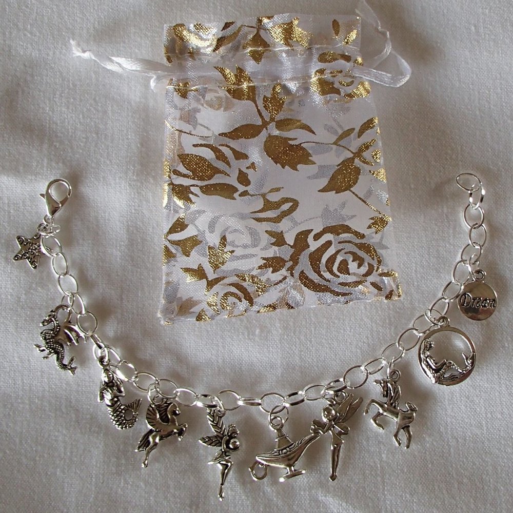 Fairy Tales Fantasy Theme Charm Bracelet Handcrafted + Organza Roses Gift Bag